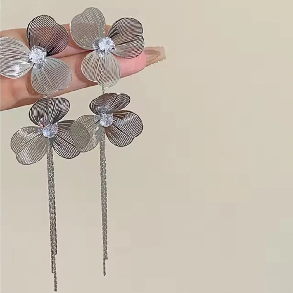 Cascading Silver Tassel‎ & Crystal Rhinestone Dangle Statement Pierced Earrings